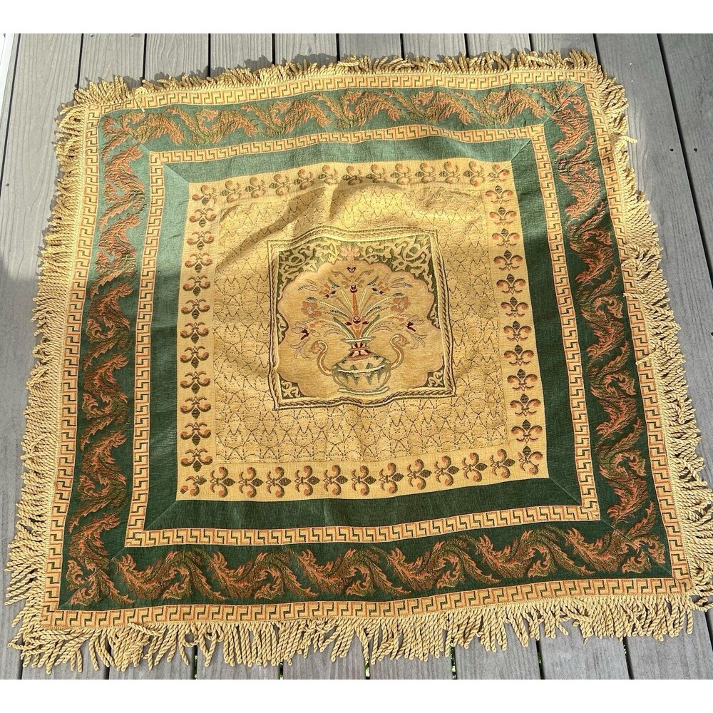 Vtg Hand Woven Lebanese Mat Tapestry Tablecloth Square Jacquard Woven Fringe